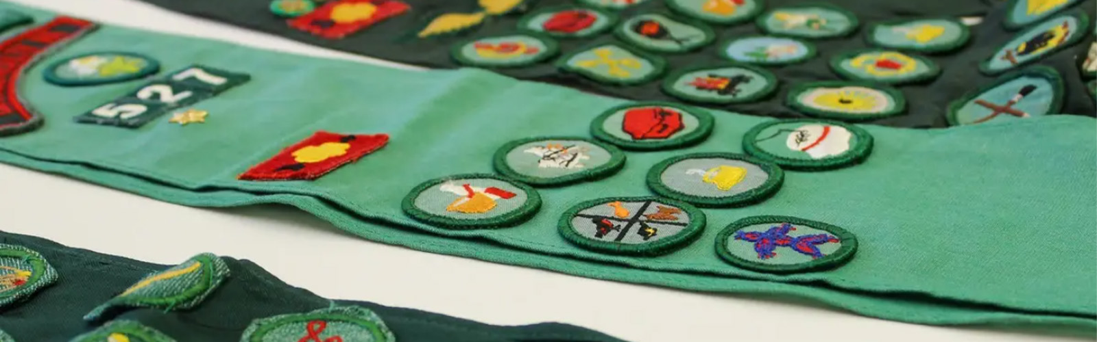 A photo of three Girl Scout sashes.