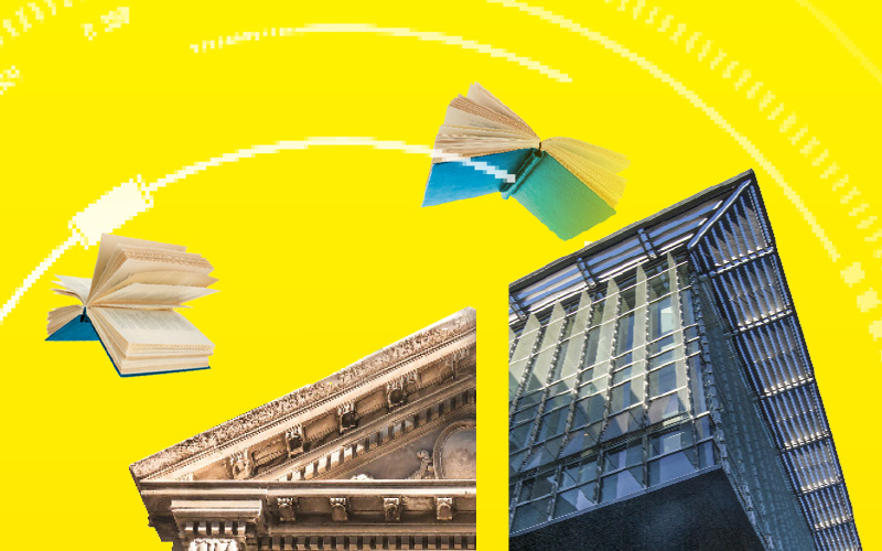 Collage of the Health Sciences Library and James Brach Cabell with flying books in front of a yellow backdrop.