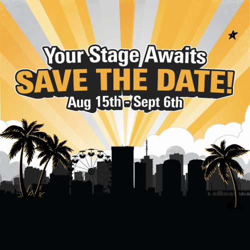 a yellow and white sunburst background above a black city skyline with palm trees and a Ferris wheel. Large text reads, 