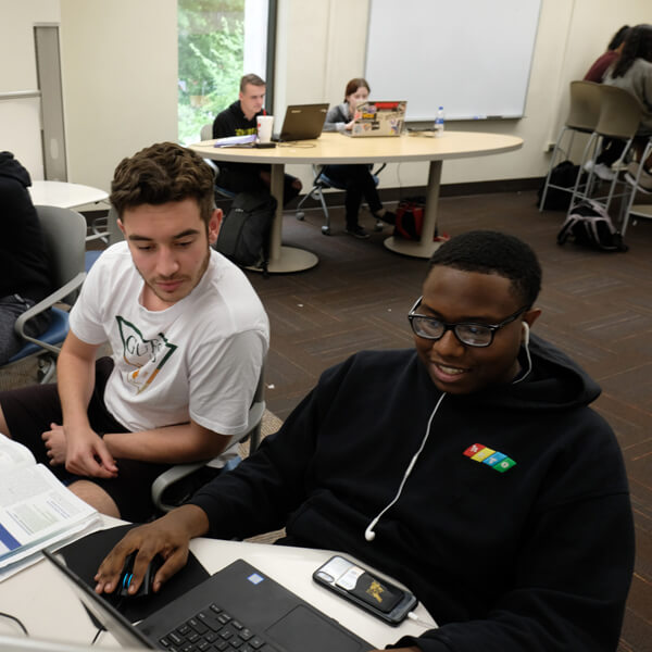 2 students studying in Cabell Library