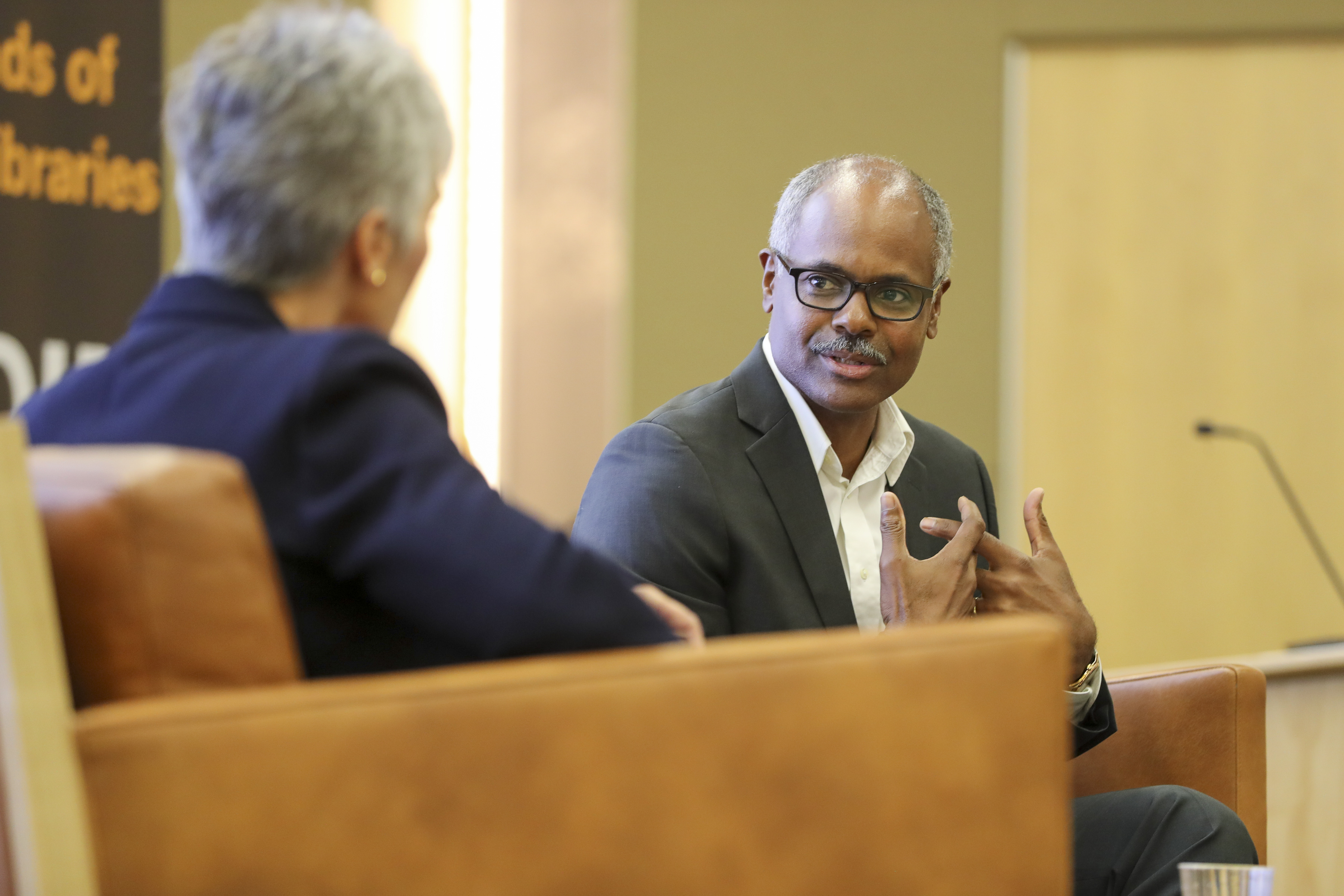 Jeffrey Blount and Jeanne Meserve at an event about Blount's novel The Emancipation of Evan Walls