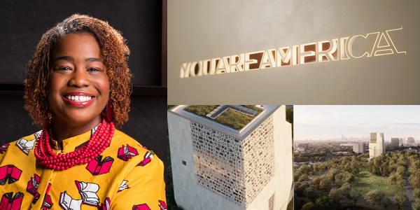 A collage of Dr. Crystal M. Moten and the proposed model of the Obama Presidential Center