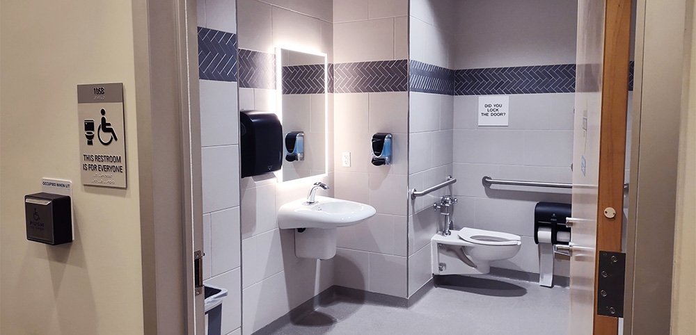 The new gender inclusive restrooms on the first floor of James Branch Cabell Library.