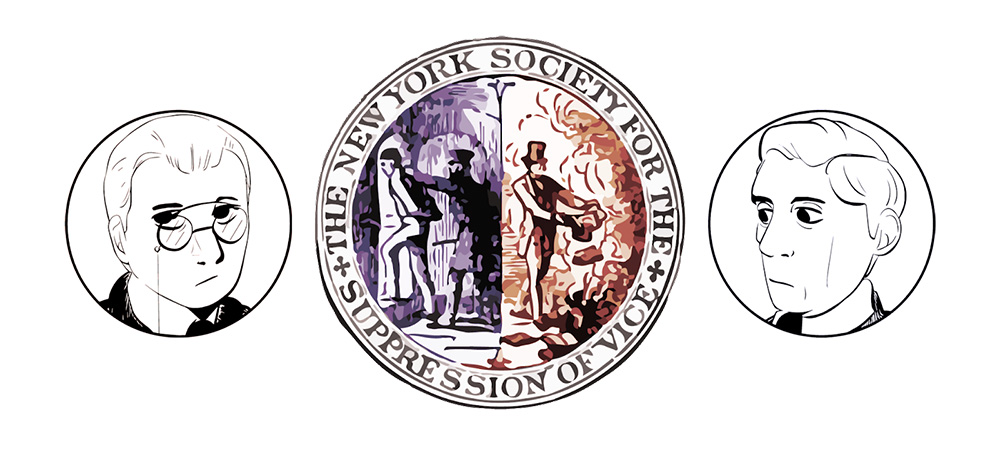 The New York Society for the Suppression of Vice seal and an illustration of James Branch Cabell on the left and the censor on the right.